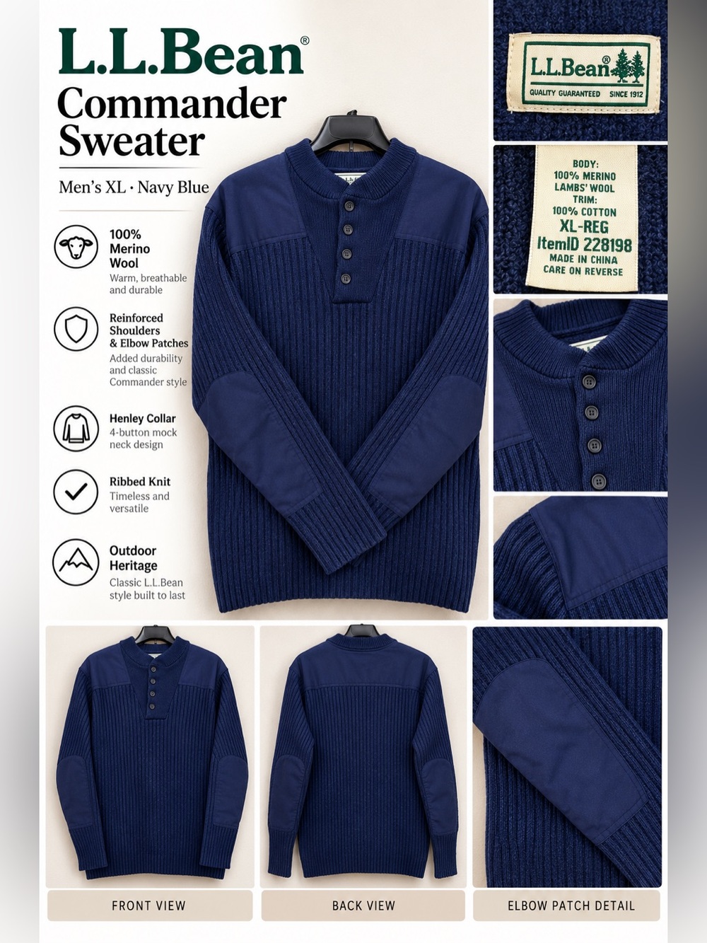 Vintage L.L.Bean Men's XL Navy Navy Blue Merino Wool Commander Sweater